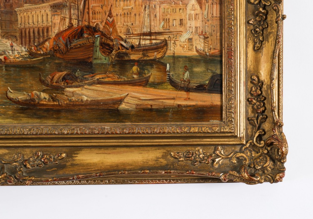 A 19th-century oil painting depicting the Doges Palace in Venice with boats on the Grand Canal, set within an ornate gilded frame. View VIII