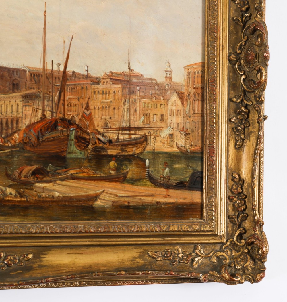 A 19th-century oil painting depicting the Doges Palace in Venice with boats on the Grand Canal, set within an ornate gilded frame. View IX