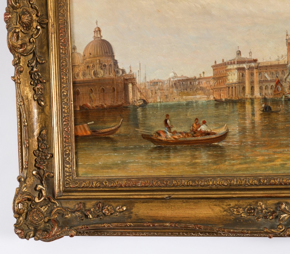 A 19th-century oil painting depicting the Doges Palace in Venice with boats on the Grand Canal, set within an ornate gilded frame. View X