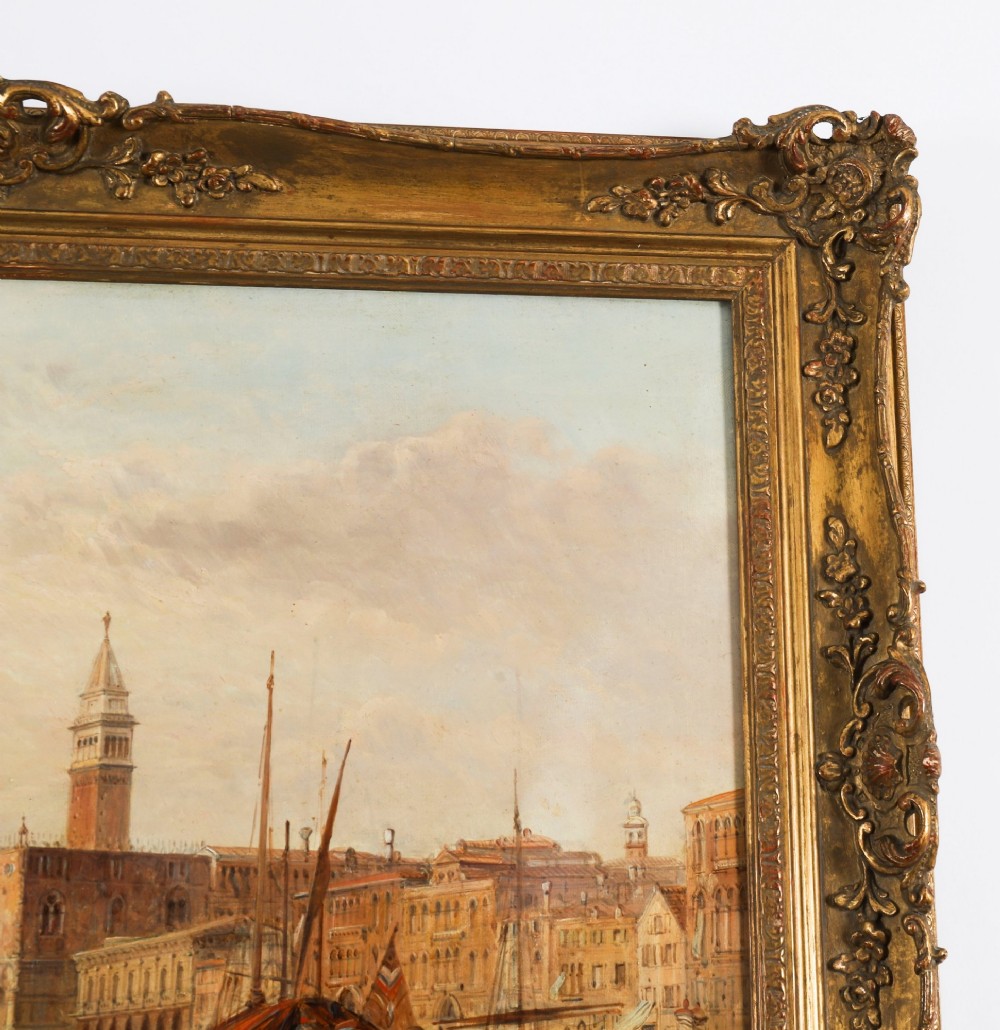 A 19th-century oil painting depicting the Doges Palace in Venice with boats on the Grand Canal, set within an ornate gilded frame. View XI