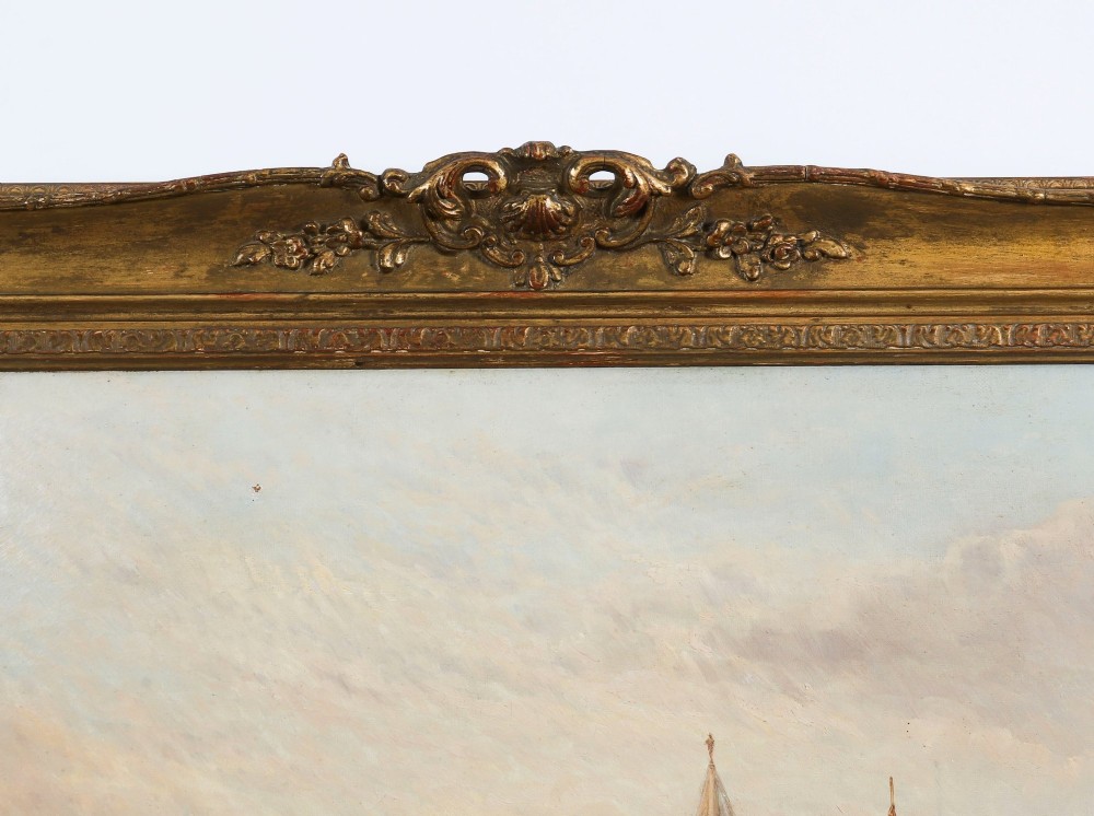 A 19th-century oil painting depicting the Doges Palace in Venice with boats on the Grand Canal, set within an ornate gilded frame. View XII