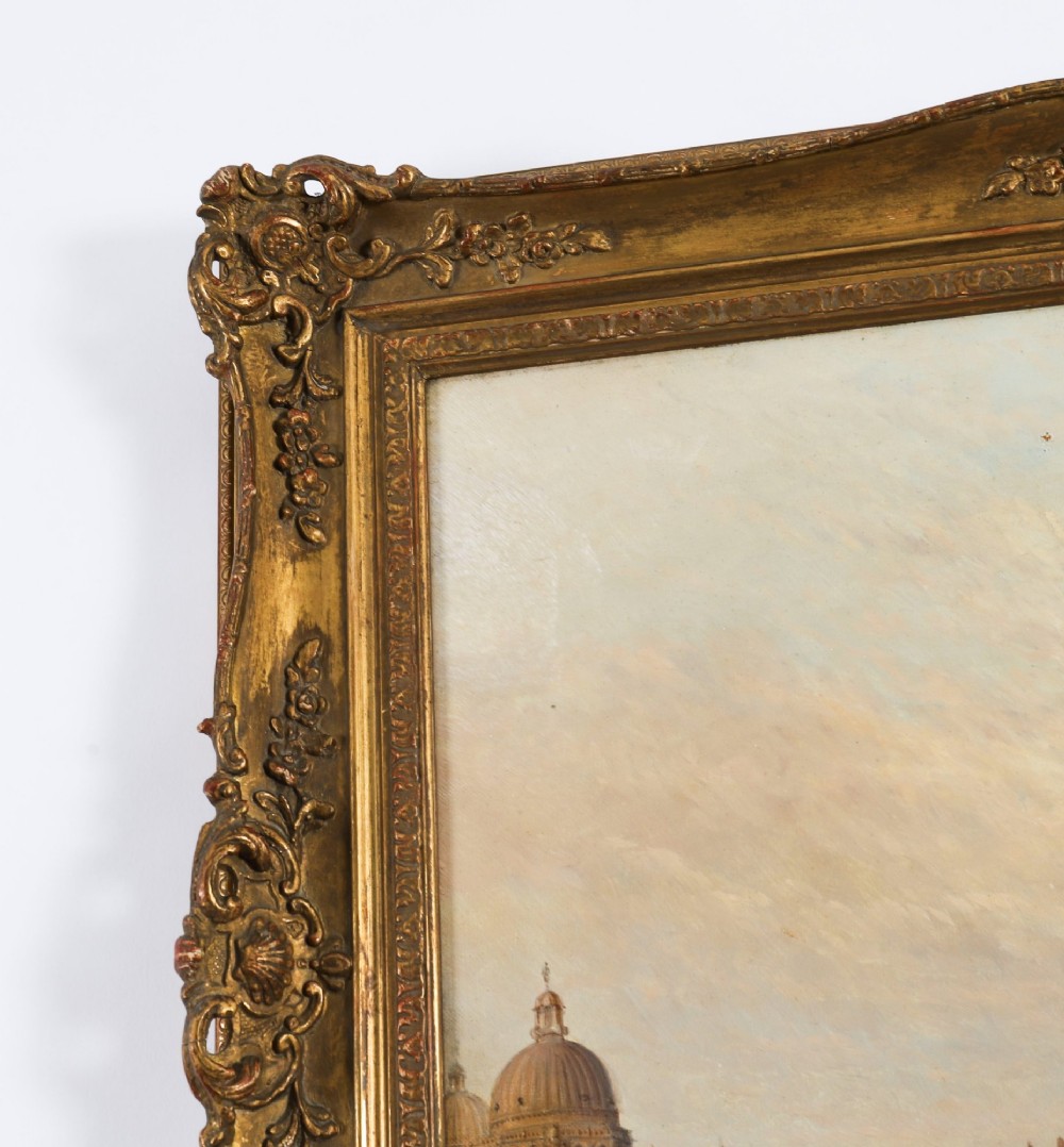 A 19th-century oil painting depicting the Doges Palace in Venice with boats on the Grand Canal, set within an ornate gilded frame. View XIII