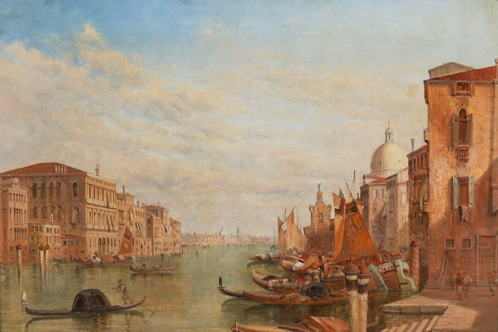 A nineteenth-century framed oil painting depicting gondolas and boats along the Grand Canal in Venice, housed within an ornate gilded frame. View II