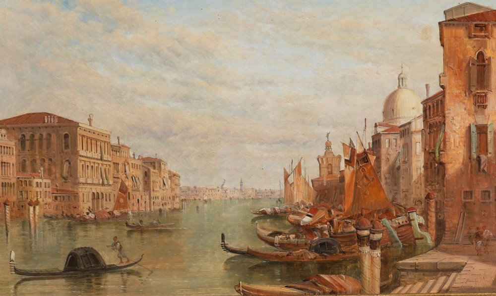 A nineteenth-century framed oil painting depicting gondolas and boats along the Grand Canal in Venice, housed within an ornate gilded frame. View III