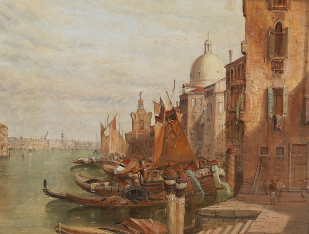 A nineteenth-century framed oil painting depicting gondolas and boats along the Grand Canal in Venice, housed within an ornate gilded frame. View IV