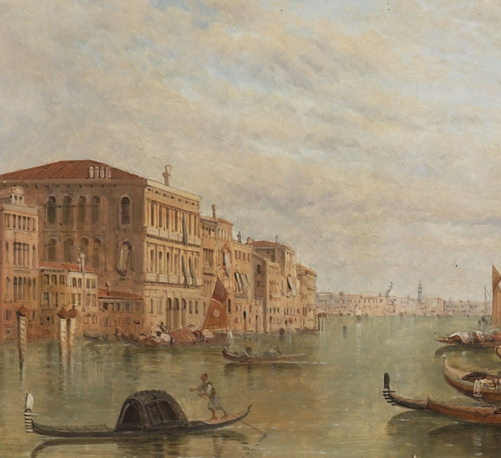 A nineteenth-century framed oil painting depicting gondolas and boats along the Grand Canal in Venice, housed within an ornate gilded frame. View V