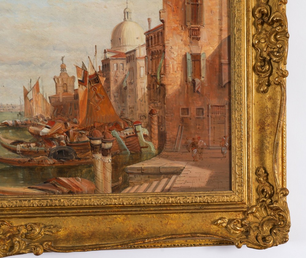 A nineteenth-century framed oil painting depicting gondolas and boats along the Grand Canal in Venice, housed within an ornate gilded frame. View VI