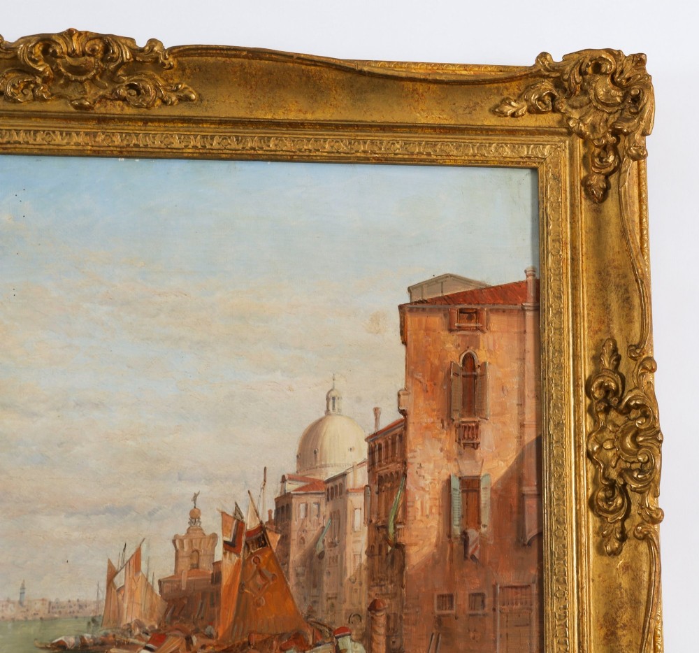 A nineteenth-century framed oil painting depicting gondolas and boats along the Grand Canal in Venice, housed within an ornate gilded frame. View VIII