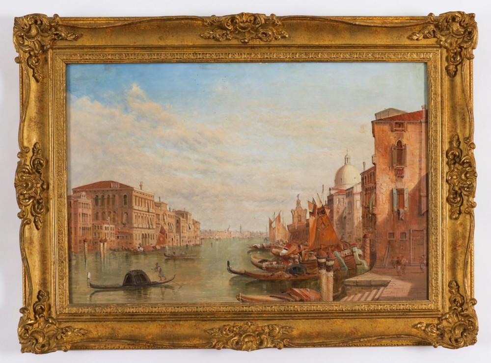 A nineteenth-century framed oil painting depicting gondolas and boats along the Grand Canal in Venice, housed within an ornate gilded frame. View XIV