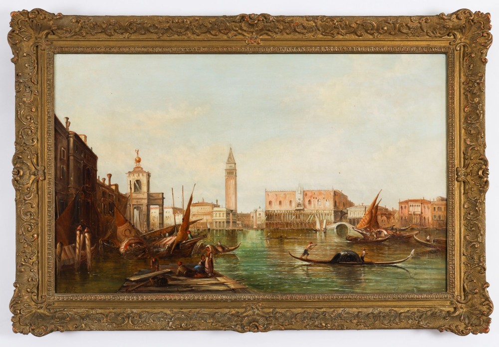 A 19th-century oil painting on canvas depicting a Venetian canal with gondolas and historical architecture, encased in a thick gilt frame.