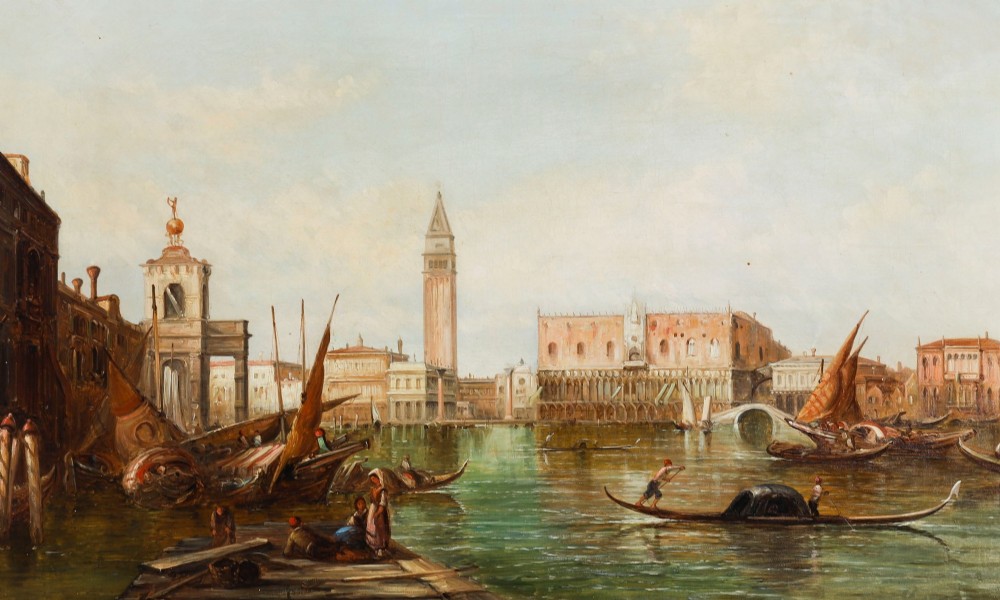 A 19th-century oil painting on canvas depicting a Venetian canal with gondolas and historical architecture, encased in a thick gilt frame. View II
