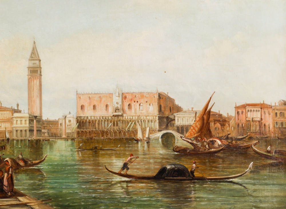 A 19th-century oil painting on canvas depicting a Venetian canal with gondolas and historical architecture, encased in a thick gilt frame. View III