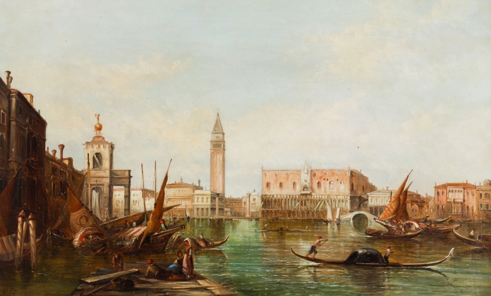 A 19th-century oil painting on canvas depicting a Venetian canal with gondolas and historical architecture, encased in a thick gilt frame. View IV