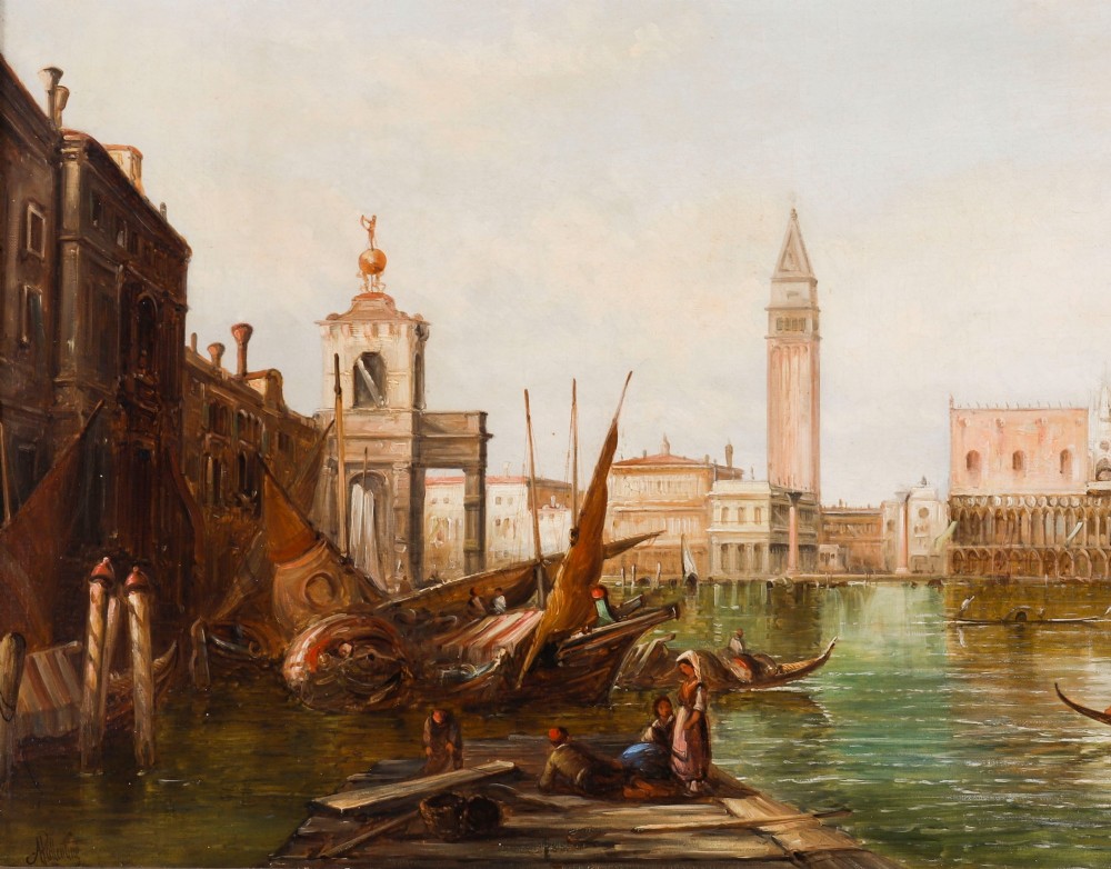 A 19th-century oil painting on canvas depicting a Venetian canal with gondolas and historical architecture, encased in a thick gilt frame. View V