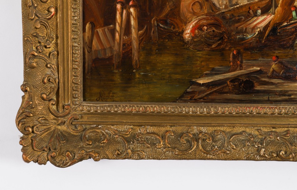 A 19th-century oil painting on canvas depicting a Venetian canal with gondolas and historical architecture, encased in a thick gilt frame. View VI