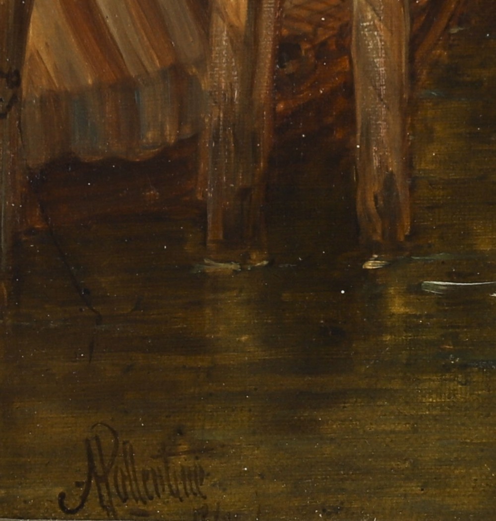 A 19th-century oil painting on canvas depicting a Venetian canal with gondolas and historical architecture, encased in a thick gilt frame. View VII
