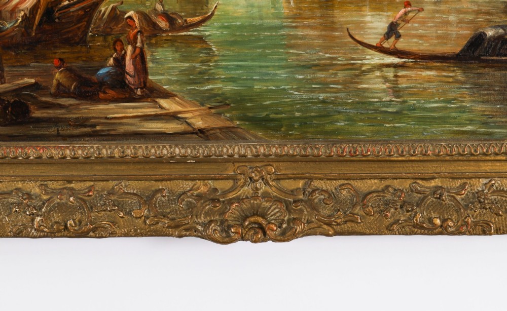 A 19th-century oil painting on canvas depicting a Venetian canal with gondolas and historical architecture, encased in a thick gilt frame. View VIII