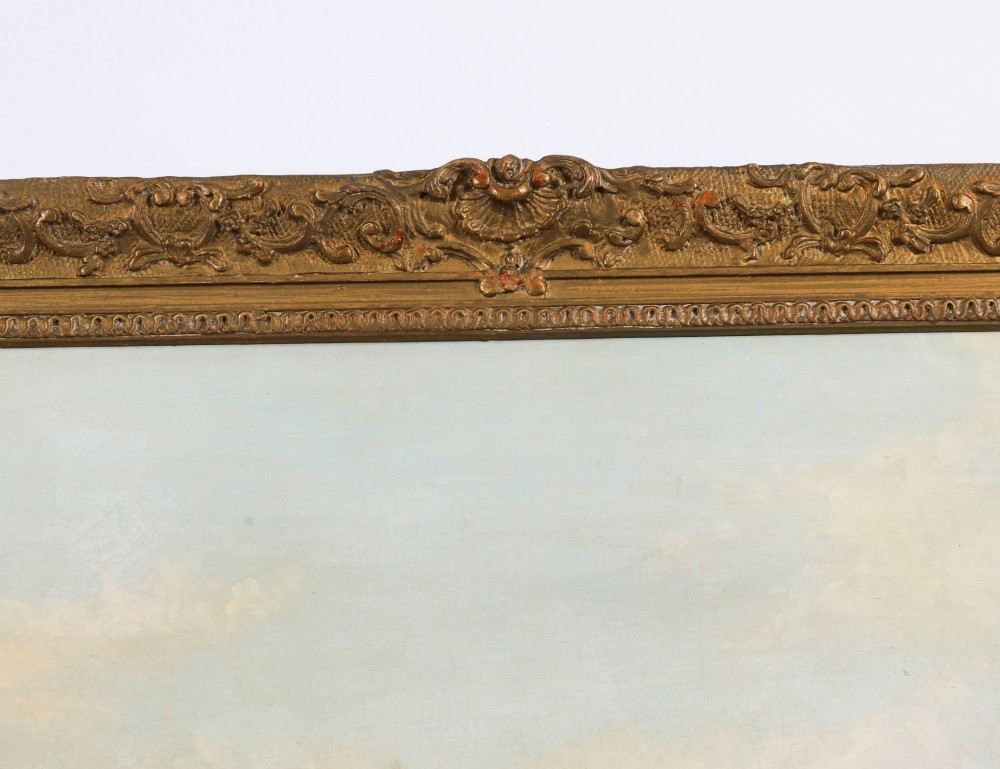 A 19th-century oil painting on canvas depicting a Venetian canal with gondolas and historical architecture, encased in a thick gilt frame. View X