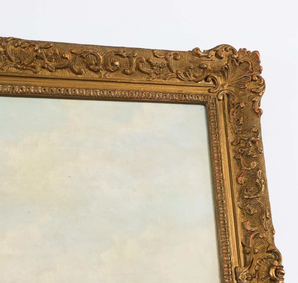 A 19th-century oil painting on canvas depicting a Venetian canal with gondolas and historical architecture, encased in a thick gilt frame. View XI
