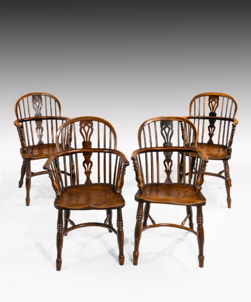 Set of Four Nineteenth Century Yewwod and Elm Windsor Armchairs