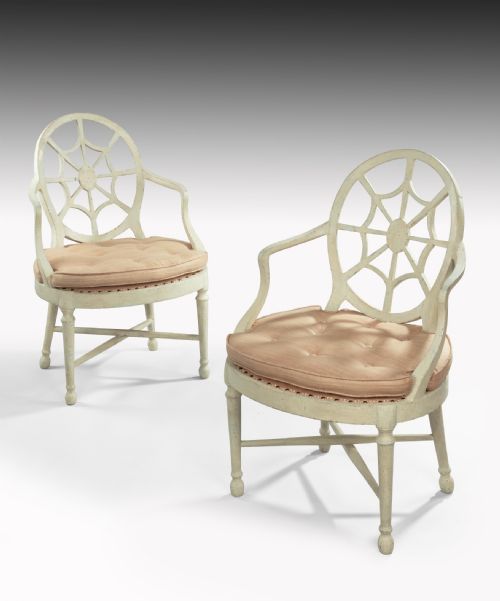 Pair of Chippendale Period Painted Spider's Web Back Armchairs.
