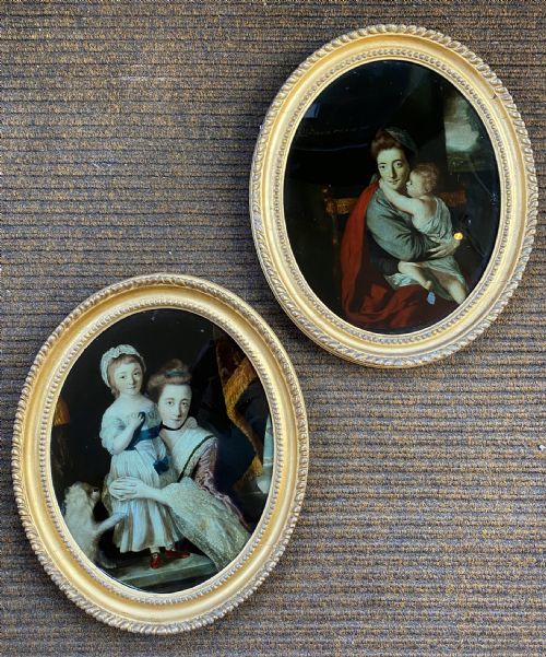 Pair of Georgian Reverse Glass Mezzotints After Reynolds
