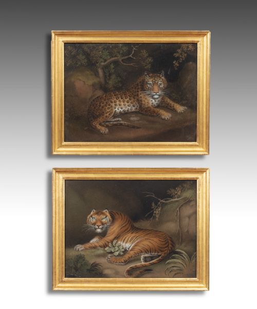 Pair of Tiger & Leopard Georgian Sand Pictures by Zobel
