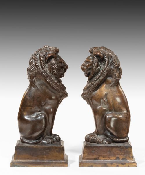 Pair of Bronze Lion and Irons After Alfred Stevens