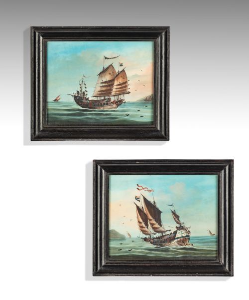 Pair of Nineteenth Century Chinese Export Watercolours of Fishing Junks