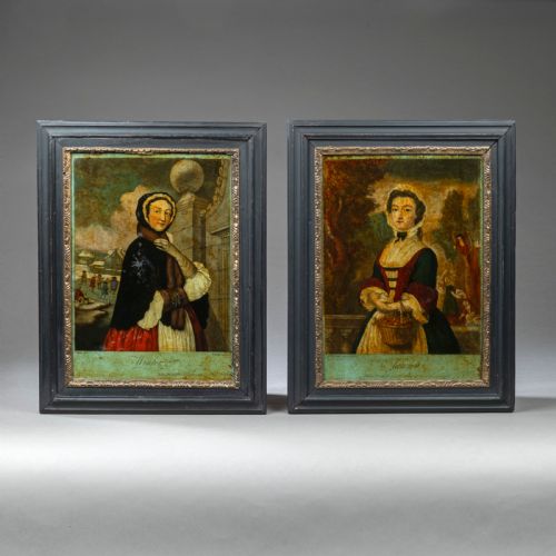 fig 1. A Georgian reverse glass print depicting an allegorical figure representing Autumn holding a basket of fruit within a dark wood and gilt frame.