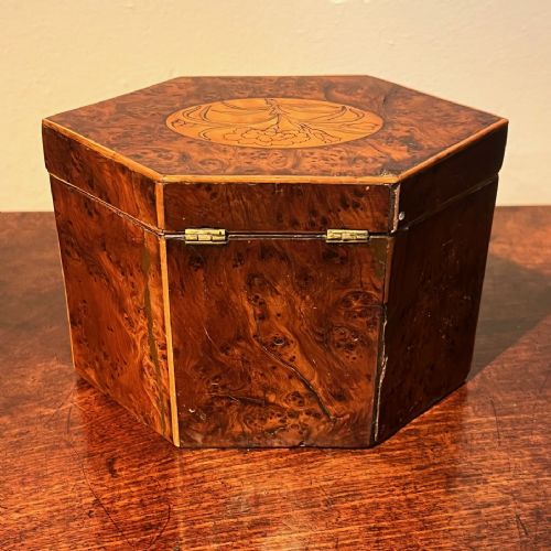 GEORGIAN BURR YEW AND MARQUETRY HEXAGONAL TEA CADDY - ADDITIONAL PHOTO 1