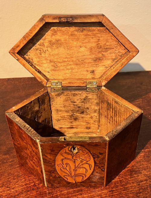 GEORGIAN BURR YEW AND MARQUETRY HEXAGONAL TEA CADDY - ADDITIONAL PHOTO 2
