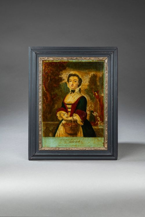 fig 1. A pair of framed Georgian reverse glass prints depicting female figures representing the seasons Autumn and Winter.