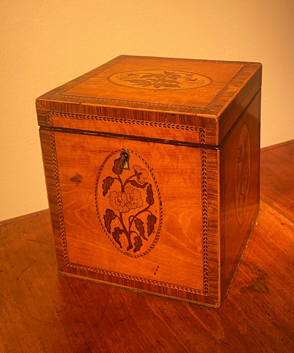 Georgian satinwood and marquetry tea caddy