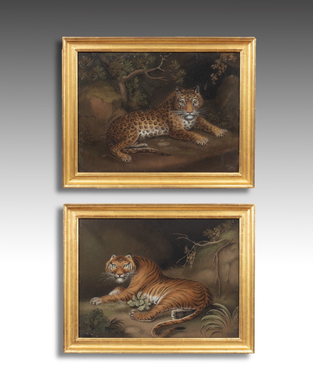 Pair Of Tiger & Leopard Georgian Sand Pictures By Zobel