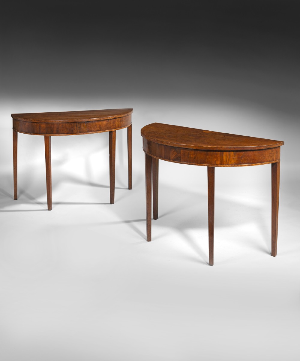 Pair of Sheraton mahogany demilune console tables