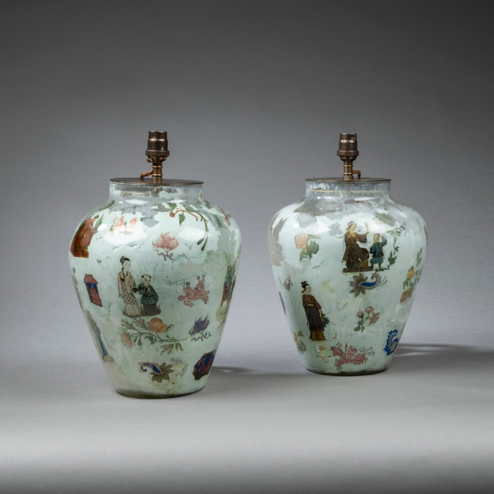 Pair of Nineteenth Century Decalcomania glass table lamps