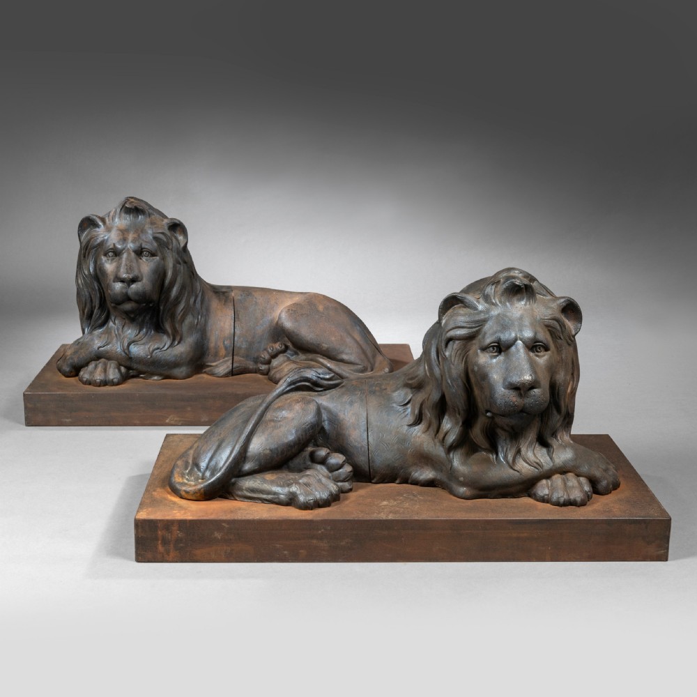 Large Pair of Nineteenth Century Cast Iron Recumbent Lions