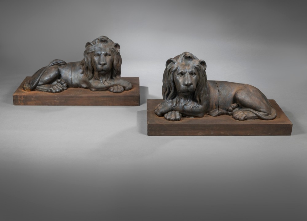 Large Pair of Nineteenth Century Cast Iron Recumbent Lions View II