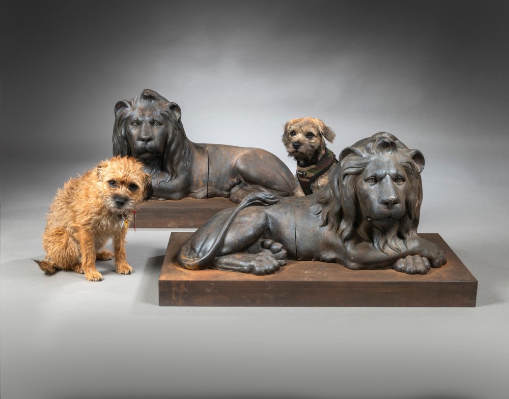 Large Pair of Nineteenth Century Cast Iron Recumbent Lions View III