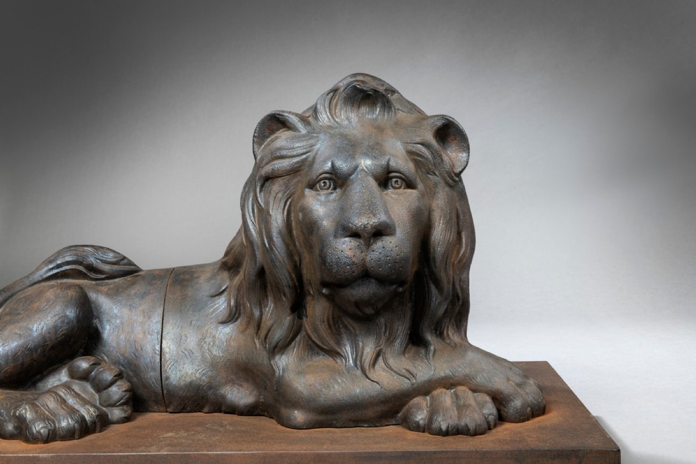 Large Pair of Nineteenth Century Cast Iron Recumbent Lions View IV
