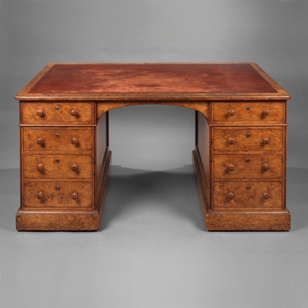 Nineteenth Century burr oak veneered pedestal desk by Holland and Sons