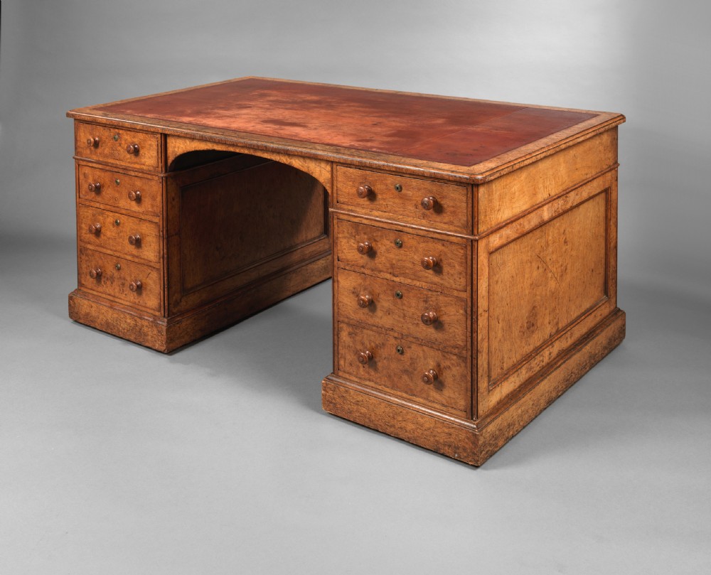 Nineteenth Century burr oak veneered pedestal desk by Holland and Sons View II