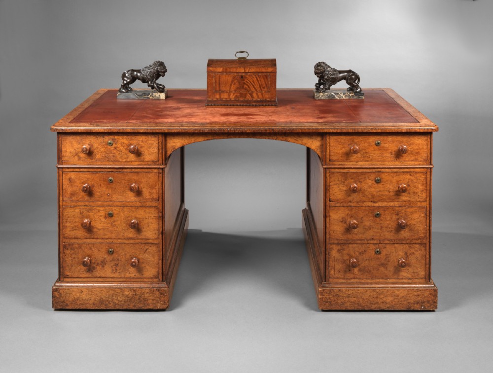 Nineteenth Century burr oak veneered pedestal desk by Holland and Sons View IV