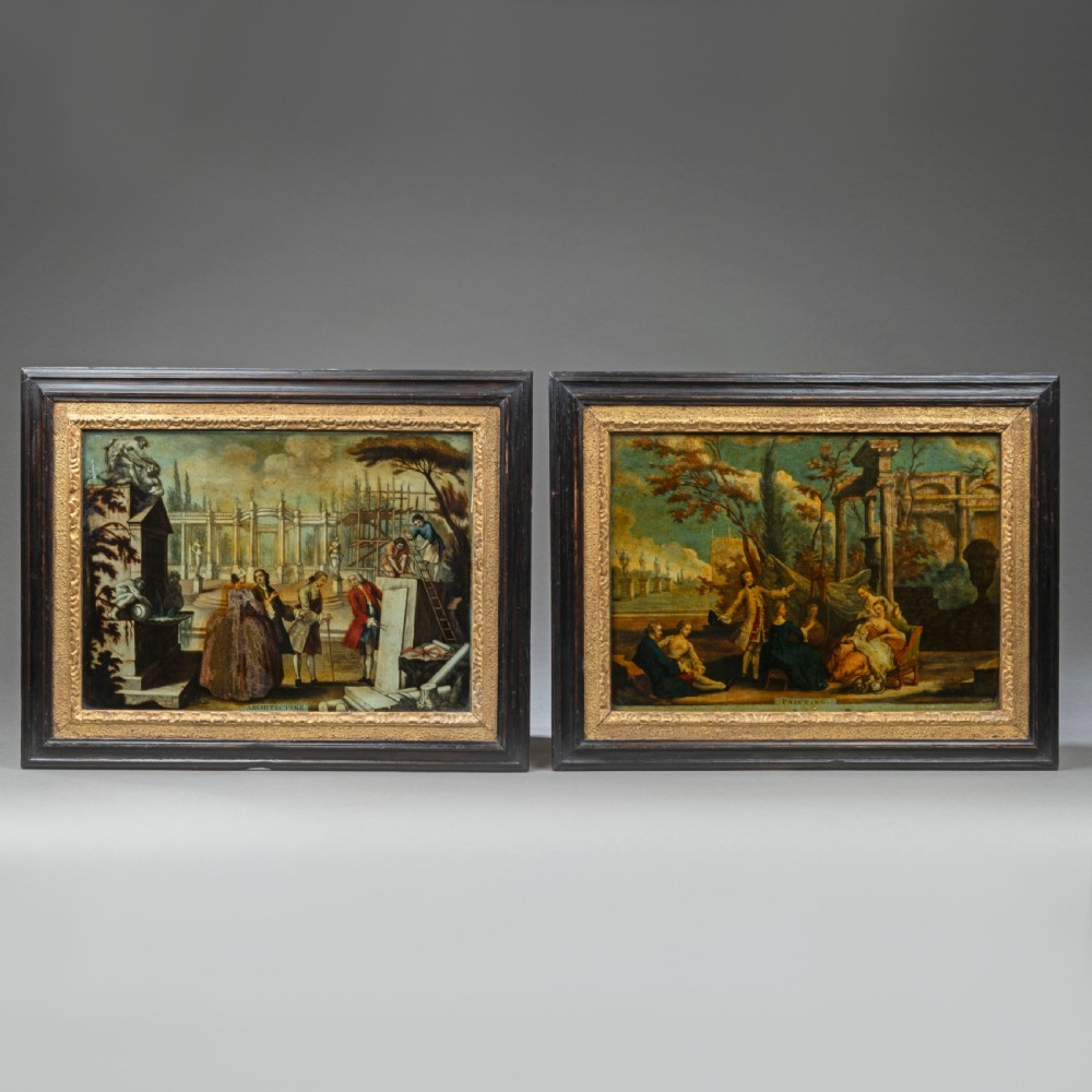 Pair of Georgian Reverse Glass Prints: Painting and Architecture
