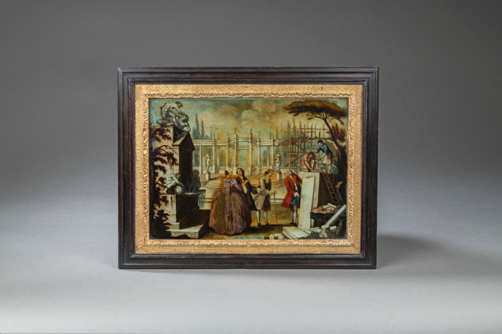Pair of Georgian Reverse Glass Prints: Painting and Architecture View II