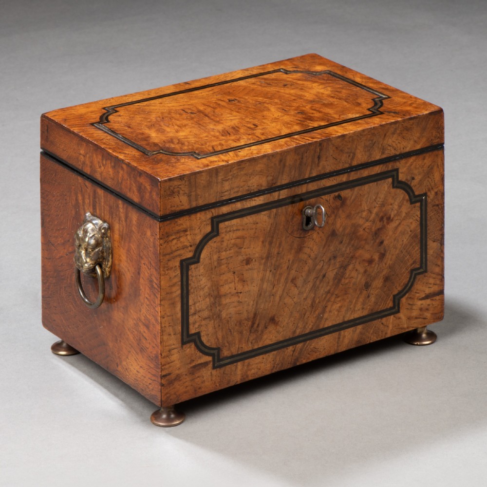 Regency burr oak and brass inlaid tea caddy
