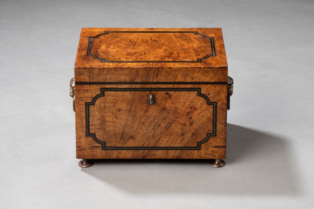Regency burr oak and brass inlaid tea caddy View II
