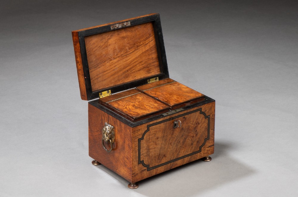 Regency burr oak and brass inlaid tea caddy View III
