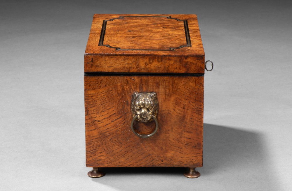 Regency burr oak and brass inlaid tea caddy View IV